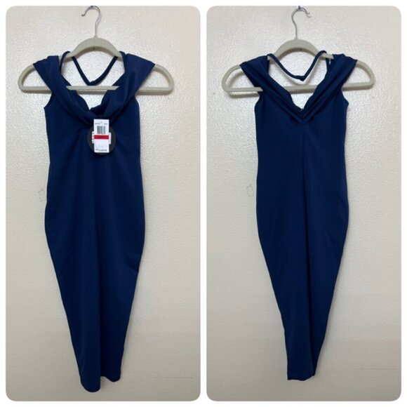 Nookie Athena Off Shoulder Halter Midi Dress Sz Xtra Small in Navy Blue - Picture 2 of 9